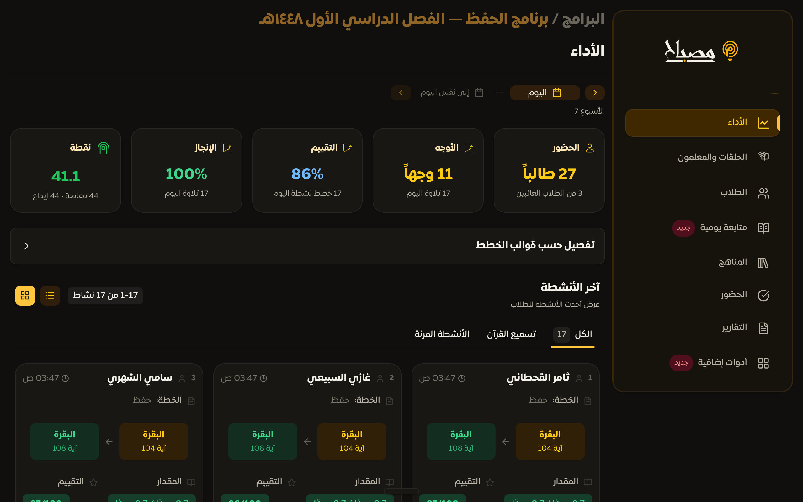 صفحة الأداء في لوحة البرنامج مع شريط نطاق التاريخ وبطاقات المؤشرات